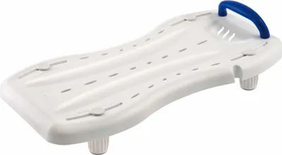 A white bath board with a blue handle, shown from a diagonal angle on a white background.