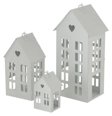 Produktbild von Laterne Alamo, Haus Windlicht 3 tlg weiß Eisen lackiert H 14-35cm