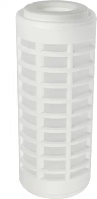 A white cylindrical water filter cartridge with a grid-like outer shell is shown against a white background.