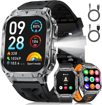 Produktbild von Herren Smartwatch Militär 2.0" HD Touchscreen 1000mAh Akku LED-Licht 100+ Sportmodi Herz-/Schlaftracking IP68 Wasserdicht für iOS Android