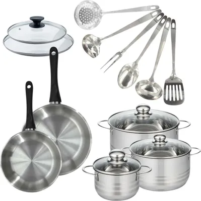 Image de Batterie de cuisine 2 poêles 20/24 cm et couvercles, 3 faitouts 16/20/24 cm et 6 ustensiles Fackelmann Geneva