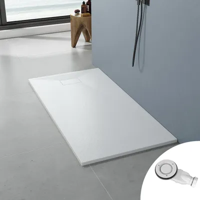 Produktbild von AQUALAVOS 160x90cm Rechteckige superflache SMC Duschtasse Antirutsch Weiß Steinoptik zuschneidbar bodenebene Montage Duschwanne mit Ablaufgarnitur