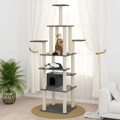 Produktbild von Kratzbaum mit Sisal-Kratzsäule, Katzenkratzbaum, Kletterwand, Kratzbäume Für Katzen, Kratzstamm, Kratzbaum Deckenspanner,n Dunkelgrau 183 cm