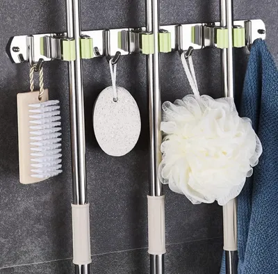 Produktbild von Besenhalterung Wand mop halter,Besen Mop Halter Wandhalterung, Selbstklebend Werkzeughalter Organizer mit 3 Halter und 4 Haken für Zuhause Küche Badezimmer Garten Garage-Grün (Grün) (Grün)