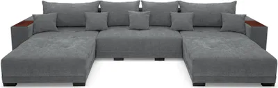 A U-shaped sectional sofa in gray fabric with wooden armrest accents.