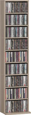 Obrázek produktu pro Stojan na CD/DVD - Stojan na CD - Štíhlý design - Devět přihrádek - Nastavitelné police - Rozměry 33x24x140 cm - Přírodní dřevo - Do obývacího pokoje a kanceláře