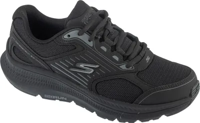 A black Skechers Go Run running shoe is shown from a side angle against a white background.