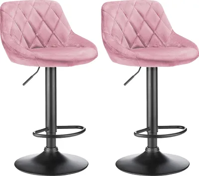 Two pink velvet bar stools with black metal bases and legs, shown against a white background.