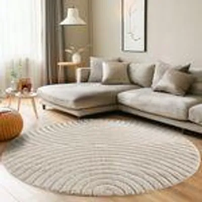 Produktbild von Skandinavischer Boho Wohnzimmerteppich mit Hoch-Tief-Effekt weich pflegeleicht modern langlebig kombinierbar , Größe : 200 cm Rund , Farbe : Creme-1