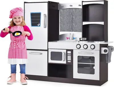 Produktbild von COSTWAY Kinderküche mit Kühlschrank, Kinder Spielküche Holz, inkl. Spielzubehör, für Kinder ab 3 Jahre, braun, 97 x 30 x 95cm