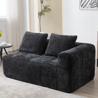 Produktbild von okwish Doppelsofa Zweisitzer Sofa Relaxsofa Ecksofa Polstermöbel，Chaiselongue， Loungesofa flauschiges Sofa mit Kissen & Seitentaschen  , Schwarz