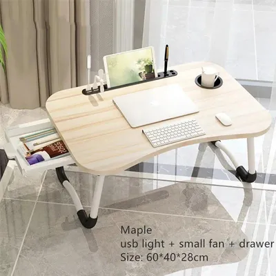 Zdjęcie produktu dla Składany stolik pod laptopa do łóżka i na sofę – przenośny stolik pod laptopa do łóżka – prostokątny – drewniany z metalową ramą – z szufladą USB – biały