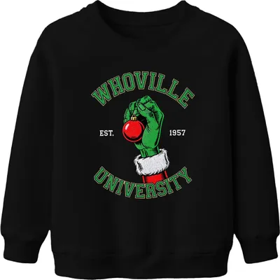 Obrázek produktu pro WHOVILLE UNIVERSITY Grinch Christmas bauble retro uni dětská mikina, černá, 152 cm