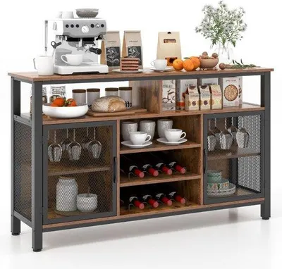 Image de Bar à vin à 8 compartiments - 6 étagères à verres - 140 cm de large - meuble marron avec portes grillagées en métal