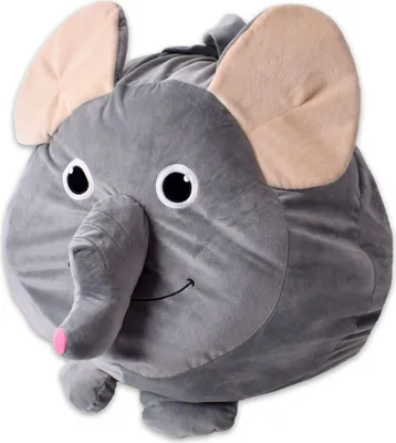 A stuffed elephant toy is shown against a white background.