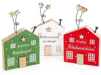 Produktbild von 3 Weihnachtshäuser weiß, rot & grün Winterdeko - Adventszeit 13 x 8 cm