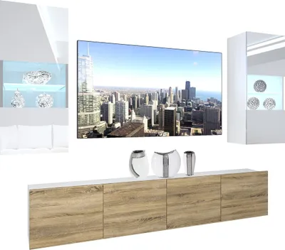 Produktbild von BELINI Wohnwand Vollausstattung Wohnzimmer-Set Moderne Schrankwand mit LED-Beleuchtung Weiß Glänzend Anbauwand TV-Schrank Weiß / Sonoma Eiche Glänzend/Matt