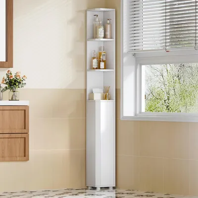 Immagine prodotto di Mobiletto da bagno angolare, bianco, 20 x 20 x 170 cm, con ripiani regolabili, realizzato in MDF