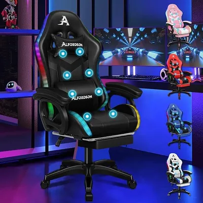 Productafbeelding van Gaming stoel, gamer stoelen, RGB LED, race gaming stoel, PC gaming fauteuil, massagestoel, ergonomische bureaustoel, voetsteun, verstelbare bureaustoel, kantelbereik 90-150°, draagvermogen 180 kg, zwart