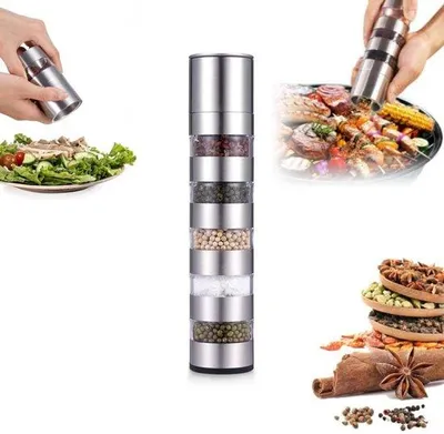 Produktbild von Mini 5-in-1 Kräuterpflanzensatz - Handlicher mini Kräuterpflanzentopf aus Edelstahl - Mini Salzstreuer - Einstellbare Mahlgrad - Silber - 25*5.3 cm - Reisegeeignet für Camping, Grillen, Kochen, Reisen