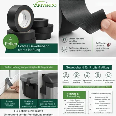Produktbild von Robustes Allzweckband Schwarz 48mm x 50m – Vielseitiges Universal-Klebeband für Haushalt & Werkstatt, 4 Stück