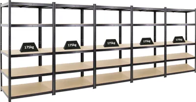 Produktbild von Mega Deal | 5x Schwerlastregal TAURUS | HxBxT 180x90x60cm | Fachlast 175kg | Schwarz