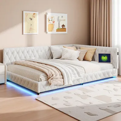 Immagine prodotto di Letto imbottito INONEFT, divano letto 140x200 cm, con prese USB e di tipo C, letto per ragazzi 140x200 cm con striscia LED integrata, rivestito in tessuto tipo "teddy", colore beige