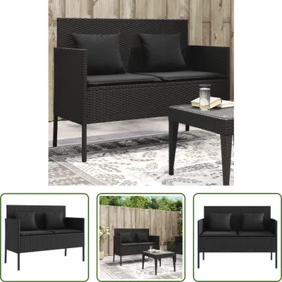 A collage of images showing a black poly rattan garden bench with cushions, presented in different settings and views.