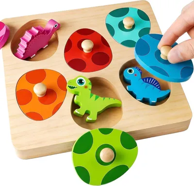 Produktbild von Montessori Spielzeug ab 1 Jahr, Baby Geschenk Junge Holzpuzzle Dino | Holzspielzeug Greifpuzzle Steckspiel 12 Monate, Geburtstag Weihnacht Ostern Geschenk für Junge Mädchen 2 3 Jahre