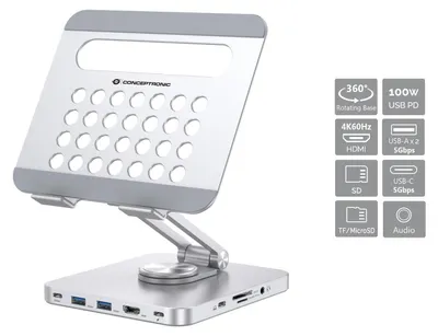 Obrázok produktu pre Conceptronic DONN26G, Multimediálny stojan, Strieborná, Hliník, Tablet, 100 W, Microsd (transflash), SD, SDHC, SDXC