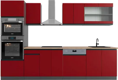 Produktbild von Küchenzeile Vicco R-Line Rot 300 cm  J-Shape mit Hochschrank, AP Eiche, Model 43192