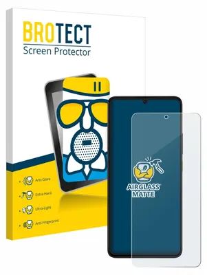 A product shot of a screen protector for a smartphone, with packaging and a phone displaying the protector.