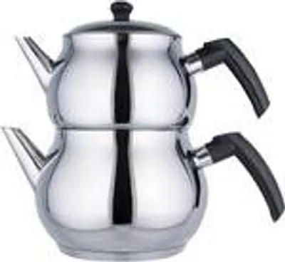 A stacked stainless steel teapot with black handles.