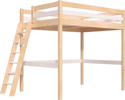 Produktbild von Hochbett 140x190 holz mit Leiter Sylvia schräge Leiter - Naturlack/Weiß