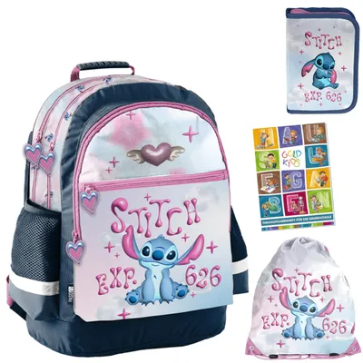 Produktbild von Schulranzen für Jungen und Mädchen, 4er-Set - Schul-Rucksack für Kinder mit Federmäppchen - Schuhbeutel und Hausaufgabenheft - Stitch Motiv