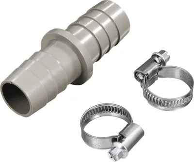 A gray plastic hose connector and two silver metal hose clamps are arranged on a white background.
