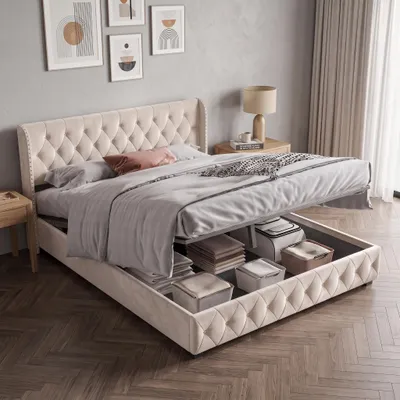 Obrázok produktu pre INONEFT Čalúnená posteľ 140x190 cm, hydraulická posteľ s pružinovou základňou a úložným priestorom, dvojposteľ s úložným priestorom, zamat, béžová
