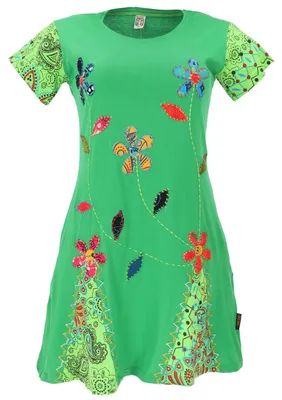 Produktbild von Hippie Minikleid Boho Chic, Besticktes Shirtkleid - Grün, Damen, Baumwolle, Größe: M