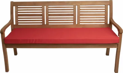A wooden bench with a red cushion, shown against a white background.