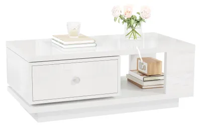 Image de Table basse, tiroir pivotant, finition haute brillance, compartiment ouvert, poignée en métal (blanc)