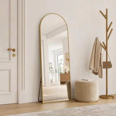 Produktbild von UnboxG Bogenspiegel 164x54 cm Gold, Ganzkörperspiegel mit Aluminiumrahmen, Eleganter Standspiegel aus Sicherheitsglas, Freistehender Wandspiegel für Schlafzimmer, Ankleidezimmer und Flur