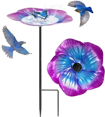 Produktbild von Unyqoos® Vogelbad auf Ständer – witterungsbeständiges Eisen, 51 cm, mit bunten Blumendekorationen für Garten und Balkon