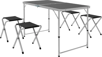 Obrázek produktu pro Kempingový stůl se židlemi - skládací 5dílná sada - 120x60x77 cm - hliníkový rám, deska stolu z MDF - přenosný - černý