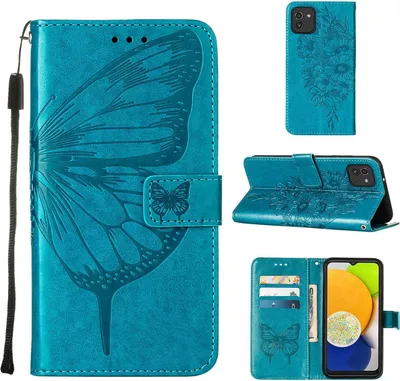 Produktbild von Galaxy A03 Hülle, Schmetterling Prägung Flip Leder Kartenfächer Schutzhülle Ledertasche mit Ständer für Samsung Galaxy A03 Blau
