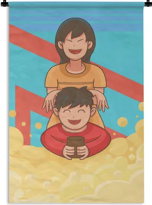 Produktbild von MuchoWow® Wandteppich Wandbehang Illustration von Mutter und Sohn 90x135 cm Tapisserie Dekoration Wandtuch - Baumwolle - Wandskulptur