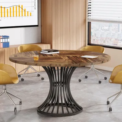 Immagine prodotto di LITTLE TREE Scrivania rotonda per 4-6 persone, 120 cm, con piano spesso e struttura in metallo, scrivania industriale da ufficio, marrone rustico