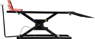 Image de SucceBuy Crics pour motos Pont élévateur à hauteur réglable avec établi amovible, plateforme pneumatique de réparation de véhicules (capacité de charge 680 kg / hauteur de levage max. 940,2 mm) pour Dirtbikes