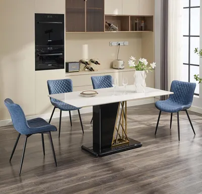 Produktbild von 2er Set Esszimmerstühle Blau, Polsterstühle aus PolyurethanKunstleder mit ergonomischer Rückenlehne und schwarzen Metallbeinen