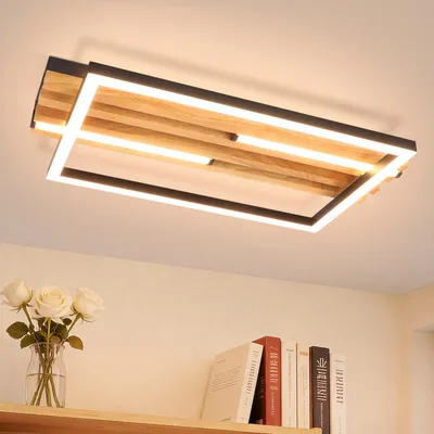 Zdjęcie produktu dla ZMH Lampa sufitowa drewniana 38 cm Lampa sufitowa do sypialni 24 W 3000 K Czarna prostokątna Białe ciepłe światło Lampa kuchenna do salonu, przedpokoju i jadalni