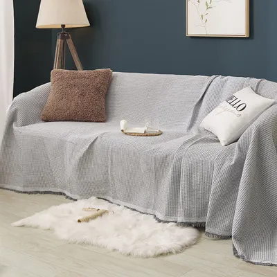 Obrázek produktu pro Waffel Sofa Přikrývka 180x300cm Velká přikrývka na 3místnou pohovku Univerzální přikrývka jako přikrývka na pohovku, přehoz na gauč, potah na pohovku a přehoz s ozdobnými střapci – světle šedá
